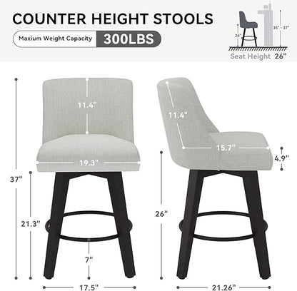 Counter Height Swivel Bar Stools Set of 2, 26 Inch Bar Stools with Footrest, Linen Fabric Upholstered Barstools with Back and Solid Wood Legs for Kitchen Island, Dining Room,Pub,White