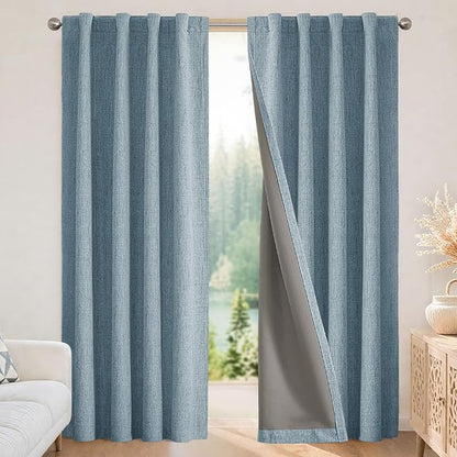 Joydeco 100% Blackout Curtains for Bedroom - Natural Linen Curtains 42" W x 72" L Long, Thermal Insulated 2 Panels Light Blocking Drapes, Rod Pocket & Back Tabs, Darkening Privacy for Living Room