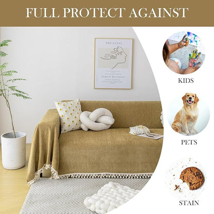 HANDONTIME Couch Covers for Pets Boho Mustard Yellow Love Seat Couch Covers Brown Sofa Cover for Dogs Pet Couch Protector Chenille Tassel Sofa Slipcovers Sofa Throw Cover Boho Decor, 71" X134"