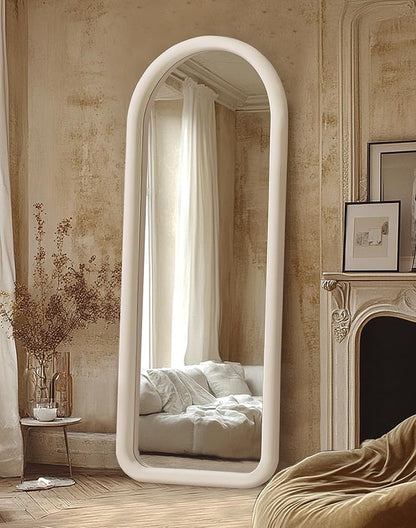 Delma Arched Full Length Mirror, Free Standing Floor Velvet Frame Mirror for Leaning or Hanging, Soft Touch Bedroom & Living Room Decor, Cream White