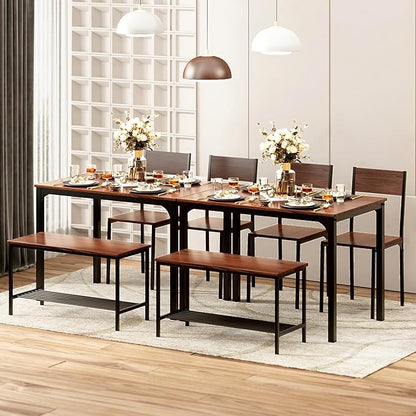 sogesfurniture 4 Piece Dining Table Set, Dining Table Set for 4, Kitchen Dinner Table with Benches for 4, Includes Table, 2 Chairs & Bench, Brown