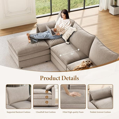 Vesgantti Large Modular Sectional Sofa, Big Comfy Cloud Couch with Ottoman Deep Seat Chenille Cloud Sofa, 8 Seater Large Sectional Couches for Living Room, Bedroom and Apartment, Light Brown