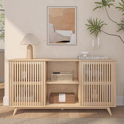 Plank+Beam Mid-Century Modern Wood TV Stand, Solid Wood Entertainment Console with Storage, 59" L x 16" W x 30" H, Blonde