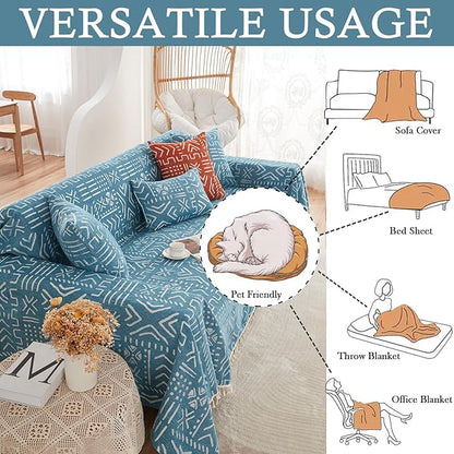 HANDONTIME Turquoise Couch Protector for Dogs Boho Tassel Blue Couch Cover Farmhouse Sofa Covers Aztec Tribal Couch Covers for 3 Cushion Couch Sofa Universal Sofa Slipcover for Home décor, 71" X150"