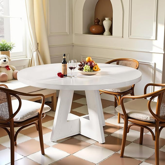 Round Dining Table for 4, 47 Inch Dinner Table Farmhouse Wooden Circle Kitchen Tables with Cross Base for Dining Room, Kitchen, Living Room, White