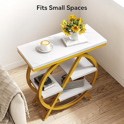 LITTLE TREE End Table, 4-Tier Narrow Faux Marble Side Table with Large Storage Space, Modern Nightstand and Bedside Table for Living Room, Home Office, Bedroom, White and Gold