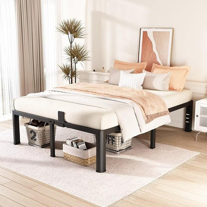 FUIOBYVV 16 Inch Full Bed Frame with Rounded Corner and Headboard Hole Mattress Retainers 3500 LBS Metal Heavy Duty Steel Slats Support No Box Spring Needed Platform Noise Free Easy Assembly