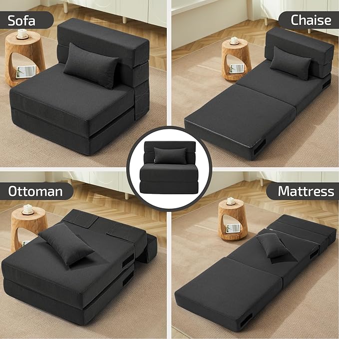 Folding Sofa Bed with Pillow- Convertible Chair Floor Couch & Sleeping Mattress, Foldable Memory Foam Sleeper for Living Room/Dorm/Guest Room/Home Office/Apartment/Loft, Single28, Dark Gray
