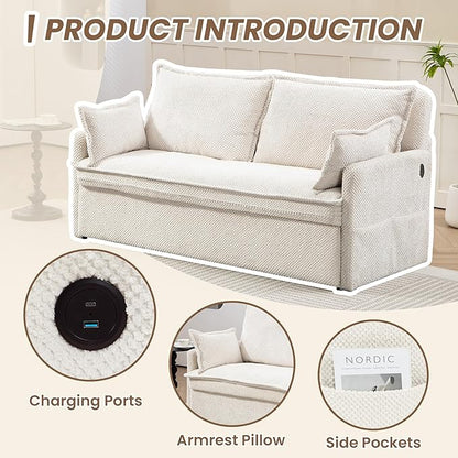 Furnimart 59.5" Queen Size Pull Out Sofa Bed, 3 in 1 Convertible Sleeper Bed with USB/C-Type Charging Ports & Side Pockets, Modern Futon Couch for Living Room, Apartment, RV, Corduroy White