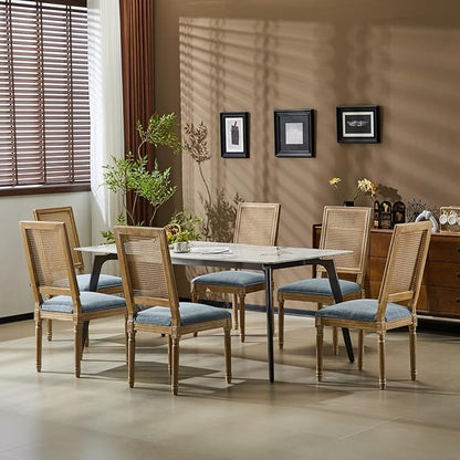 Merax Upholstered Solid Wood Dining Chairs Set of 6, French Country Style Accent Side Seating Furniture for Kitchen, Living Room, Wicker Back, Slate Blue