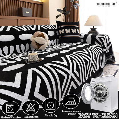 HANDONTIME Boho Couch Cover Blanket Geometric Striped Pet Covers for Couches and Sofas Black and White Dog Cover for Couch Pet Friendly Chenille Sectional Sofa Covers for Pets Washable, 71" X 134"
