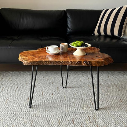 Live Edge Coffee Table, Natural Wood Coffee Table for Living Room, Natural Fir Unique Desktop with Metal Hairpin Legs (Large)