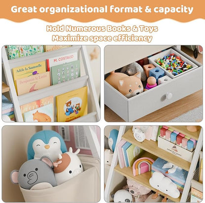 Kids Bookshelf and Toy Storage - Book Shelf for Kids Rooms, Toddler Bookshelf Baby Bookcase for Nursery, Montessori Toy Organizer, Burlywood