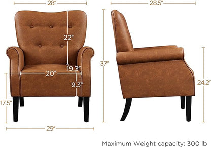 Yaheetech Modern Armchair, Mid Century PU Leather Accent Chair with Sturdy Wood Legs and High Back for Small Space, Upholstered Sofa Club Chair for Living Room/Bedroom/Office, Retro Brown