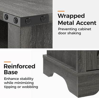 RoyalCraft Set of 1 Farmhouse Nightstand, Grey End Table with Charging Station, Tall Bedside Table with Large Storage Room and Shelf, Wooden Rustic Side Table for Bedroom, Home Office, Dark Grey