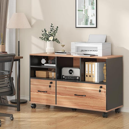 2 Drawer Wood Mobile Large Lateral File Cabinet with Lock, Lockable Rolling Filing Cabinet with Storage Shelves, Printer Stand Office Storage Cabinet for Home Office Fits Files Legal/A4