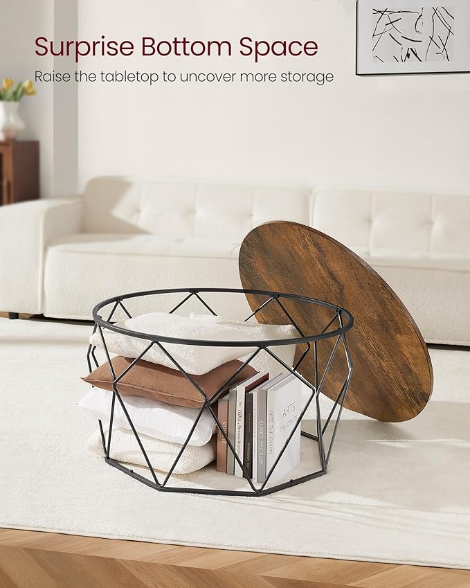 VASAGLE Round Coffee Table for Living Room, Cage Cocktail Table with Steel Frame, 31.5 Inches Dia., Industrial Style, Rustic Brown and Black ULCT040B01