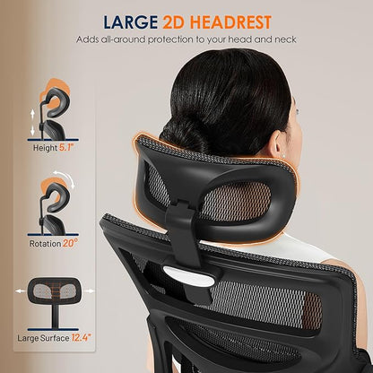 GABRYLLY Ergonomic Office Chair, High-Back Desk Chairs with Adjustable Lumbar Support, Headrest, Tilt Function, Soft Wide Seat and 3D Armrest, 300 LBS Sturdy Home Mesh Chair Task Chairs, GY1070
