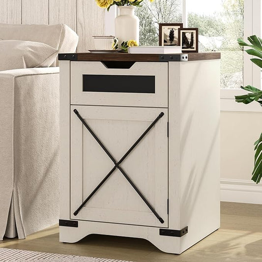 Farmhouse End Table with Charging Station, 26.4" Tall Rustic Nightstand with Drawer and X Barn Door, Antique White Country Bedside Sofa Side Table for Living Room