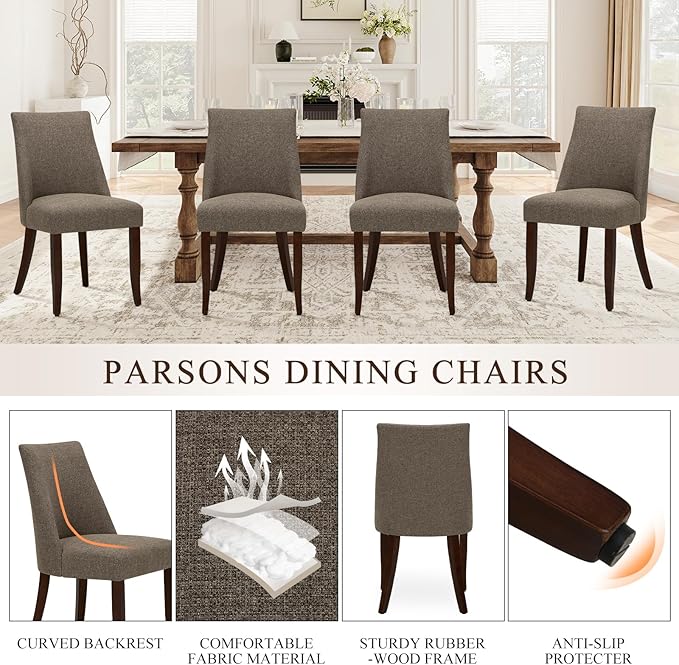 COLAMY Upholstered Dining Chairs Set of 4, Mid Century Modern Kitchen Chairs with Back, Farmhouse Fabric Side Dining Room Chairs with Wood Legs for Dining Room Restaurant, Brown
