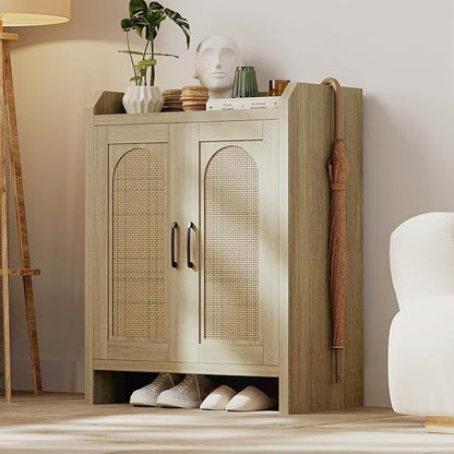 Shoe Cabinet Storage for Entryway, Rattan Storage Cabinet, Wooden Shoe Rack with Doors, Farmhouse Boho Wood Shoe Organizer Cabinet for Hallway (Oak)