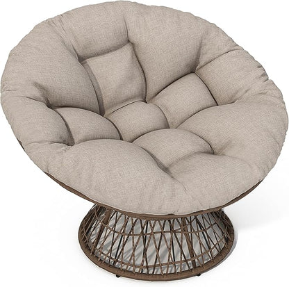 Ball & Cast Ergonomic Wicker Chair with Cloud Thick Density Fabric Cushion,Accent Chair W/ 360 Degree Swivel,Sturdy Metal Frame,Height Adjustable,for Reading,Living Room Bedroom,Lounge,Brown+Beige