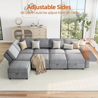 GAOMON 139.4" Chenille Reversible Sectional Sofa, 9-Seater Modular Sectional Sofa, Comfy Sectional Sleeper Sofa Couch with Chaise, U-Shape Modular Couch with Storage Seats & Ottomans, Grey