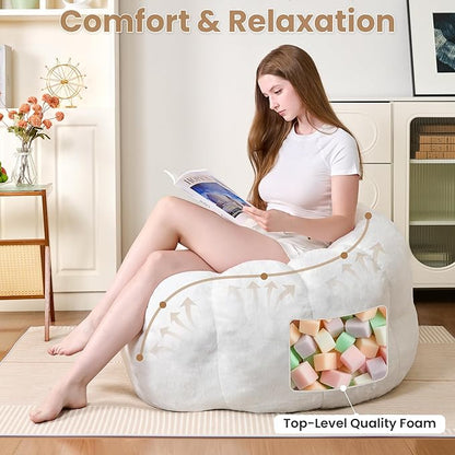 Bean Bag Chairs for Adults, Faux Fur Reading Chair with Petal Arm Rest Fluffy Comfy Chair for Bedroom, Living Room, Dorm, Game - White, Large, Low Support
