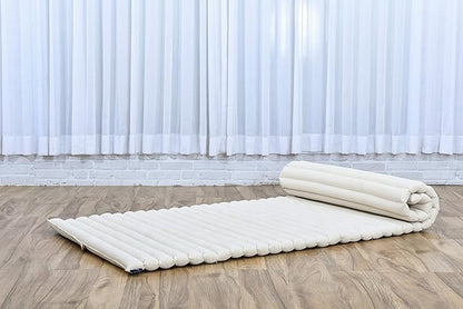 Leewadee - Foldable Floor Mattress - Japanese Roll Up Futon -Trifold Tatami Mat- Guest Floor Bed - Camping Mattress - Thai Massage Mat, Kapok Filled, 75 x 28 inches, Ecru