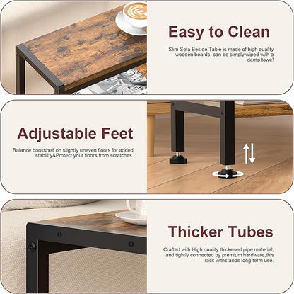 Narrow Side Table for Small Space Set of 2, 3-Tier Small End Table with Shelf Holder, Slim Nightstand, Skinny Snack Couch Table in Living Room, Bedroom, Study, Kitchen and Balcony（Rustic Brown