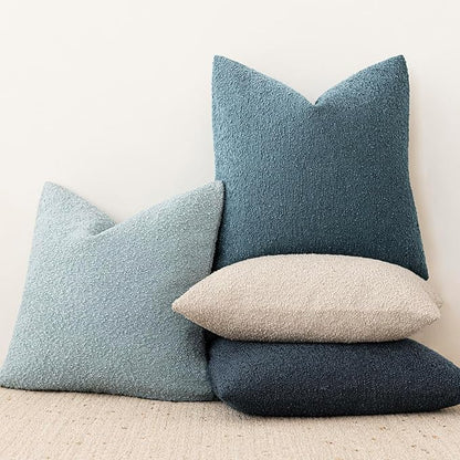 Foindtower Set of 2, Decorative Textured Boucle Throw Pillow Covers Accent Solid Pillow Cases Neutral Cozy Couch Cushion Case for Chair Sofa Bedroom Living Room Home Decor 24x24 Inch Misty Blue