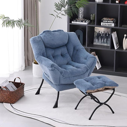 Lazy Chair with Folding Ottoman, Modern Accent Lounge Armchair with Armrests and a Side Pocket & Foldable Footstool, Leisure Reading Chair for Living Room, Bedroom & Dorm, Plush Light Blue