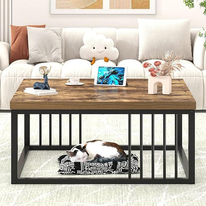 FOLUBAN Modern Coffee Table, Square Center Table for Living Room, Industrial Rustic Wood and Metal Cocktail Tea Table, 31.5 Inch, Brown