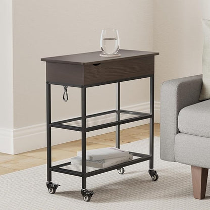 Hadulcet End Table with Charging Station & Rotating Top, Couch End Table, Rotating Swivel Top Side Table for Living Room & Bedroom, Narrow Rolling Side Table on Wheels, Skinny Nightstand, Black Walnut