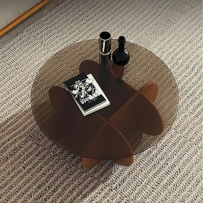 Modern Round Glass Coffee Table - Mid Century Small Coffee Table for Living Room, Suitable for Bedroom Living Room Reception Offices Couch Tables(Walnut/Brown)