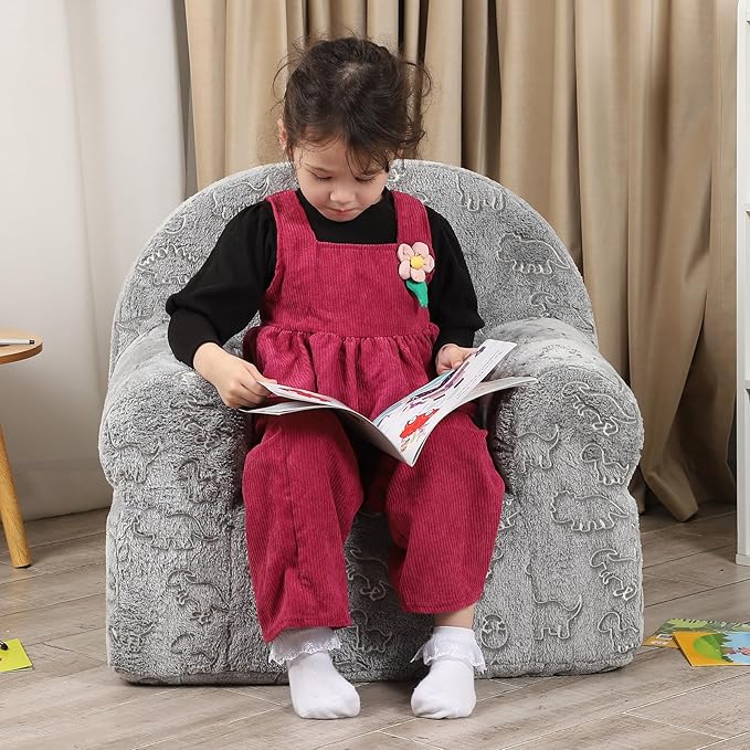 Dinosaur Glow in The Dark Kids Sofa with Star Throw Pillow, High Back Toddler Chair Glow in The Dark for Boys and Girls, Grey