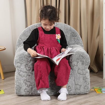 Dinosaur Glow in The Dark Kids Sofa with Star Throw Pillow, High Back Toddler Chair Glow in The Dark for Boys and Girls, Grey