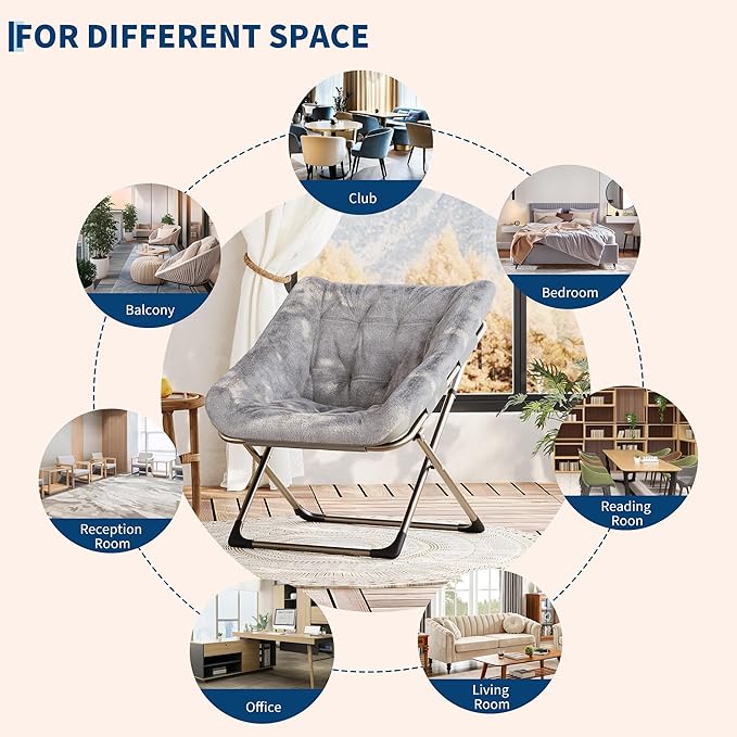Comfy Chair for Adults, Foldable Living Room Chairs, Soft Faux Fur Folding Lounge for Bedroom Living Room Dorm Rooms, Flexible Reading Chair for Teens (2, Gray, X-Large)