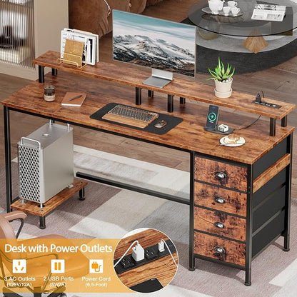Furologee 55 Inch Computer Desk Gaming with 4 Fabric Drawers with Power Outlets and LED Lights for Home Office with Full Monitor Stand and Shelf Study Table for Small Spaces Rustic Brown
