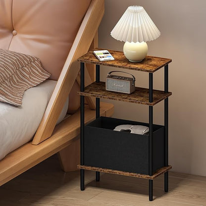 Narrow Side Table with Fabric Basket, Set of 2 End Table for Small Spaces, Slim Nightstand with 3-Tier Storage Shelf, Sofa Beside Table, for Living Room, Bed Room, Rustic Brown