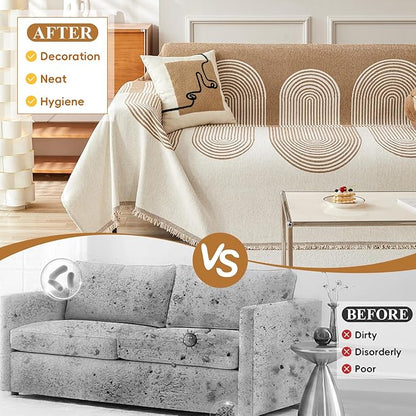 STACYPIK Modern Beige Geometric Couch Cover for Dog Boho Reversible Sofa Covers for 3 Cushion Couch Washable Furniture Protector Chenille Sofa Slipcover Loveseat Cover Multi-Use Throw Blanket-71X150IN