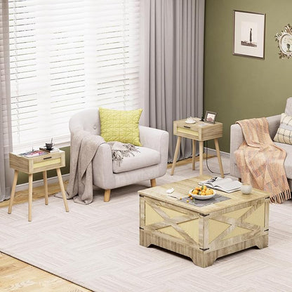 HAIOOU Nightstand with Charging Station Rattan Drawer, Mid Century Modern Side Table, End Beside Table with Pine Wood Legs Storage for Bedroom Living Room