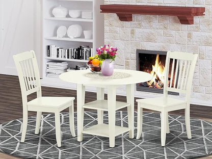 East West Furniture SUDA3-LWH-W 3 Piece Dining Room Table Set Contains a Round Dining Table with Dropleaf & Shelves and 2 Wood Seat Chairs, 42x42 Inch, Linen White