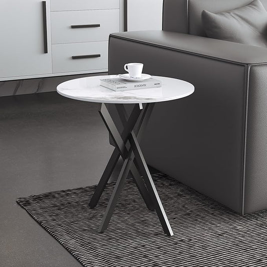 Small Round Marble Side Coffee Table with Metal Legs, Sintered Stone White Modern End Table for Living Room Sofa Home Bed Office (1 Piece, 20"×20"×18")