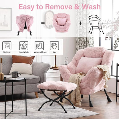 Large Lazy Chair with Ottoman, Accent Reading Chair with a Throw Pillow, Cozy Lounge Chair with Armrest, Leisure Sofa Chair for Living Room, Bedroom, Dorm, Plush Pink