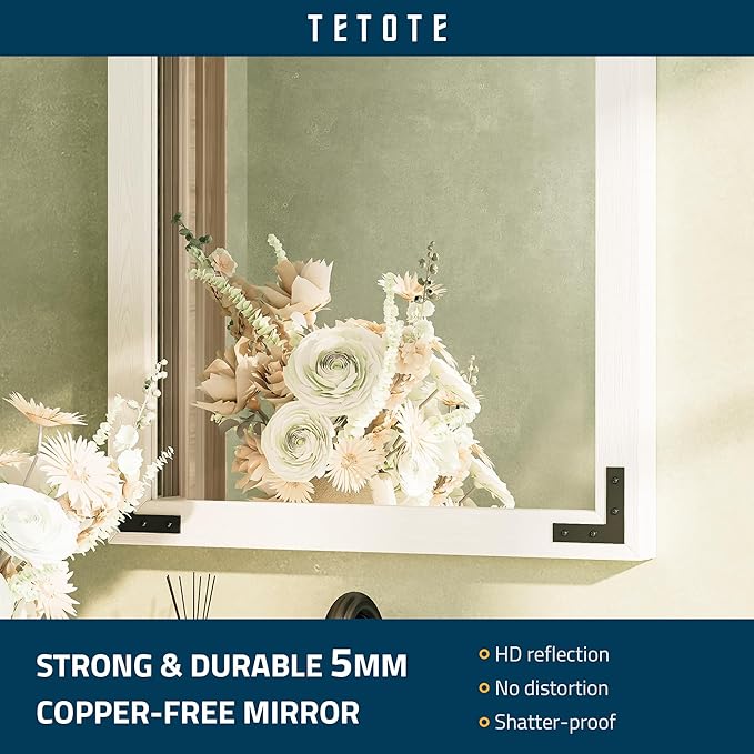 TETOTE 48 x 30 White Wood Mirror for Bathroom Wall/Bedroom/Living Room/Entryway Farmhouse Rustic Bathroom Vanity Mirror for Over Sink Waterproof (Horizontal/Vertical Mounted)