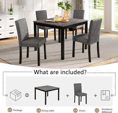 KEIKI 5-Piece Standard Height Dining Table Set with Square Table and 4 Upholstered Curved Backrset Chair, for 4 Person, Modern Wooden Table Set, Easy Assembly, for Kitchen, Dining Room, Black+Gray