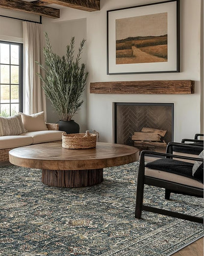 10X12 Area Rugs Machine Washable Rugs for Living Room, Vintage Boho Large Rugs for Bedroom Dining Room, Non Slip Indoor Soft Distressed Lightweight Thin Low Pile Carpet, Deep