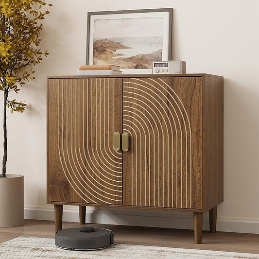 Smuxee Walnut Sideboard Cabinet, Freestanding Buffet Cabinet with Line Groove Design, Wood Storage Cabinet with Adjustable Shelf for Living Room, Entryway, Hallway