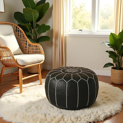 Stuffed Round Design Moroccan Leather Pouf Ottoman, Handmade, Pre-Filled, 100% Genuine Leather, 13” Height x 20” Diameter, Footstool & Living Room Décor (Black with White Stitches)